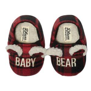 Dearfoams Cozy Baby Bear Black & Red Plaid Closed Back Slippers Size 6/9 & 9/12